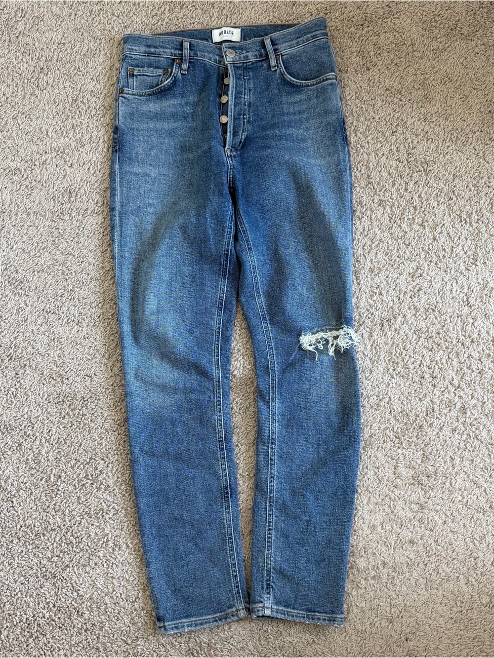 AGOLDE Distress 5 Pocket Medium Wash Denim Button Fly Jeans